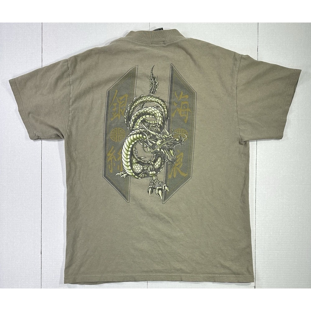 Vintage 90s Silver Strand Dragon Graphic T-Shirt Khaki Green Asian Art Tee XL